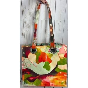 Papaya Art Tote Bag Abstract Floral Bird Print Multi Color Glossy Shoulder Bag
